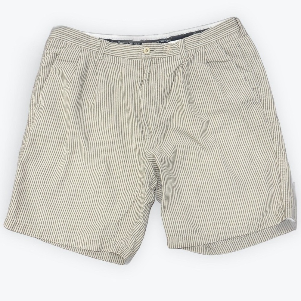 Nat Nast Mens 34 Luxury Originals Linen Cotton Striped Pleated Shorts OliveGreen